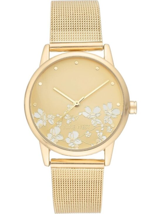 Nine West Women\'s All Gold Analog Quartz Floral Dial Mesh Round Bracelet Watch main image 6
